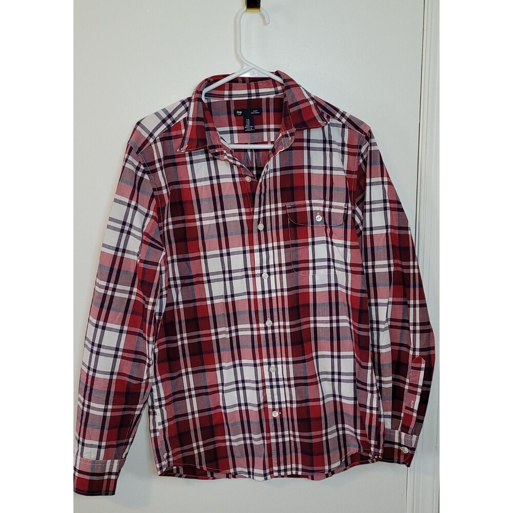 GAP Slim Fit Button Up/Down Long Sleeve Shirt Pocket Red Blue Plaid Men's Sz M